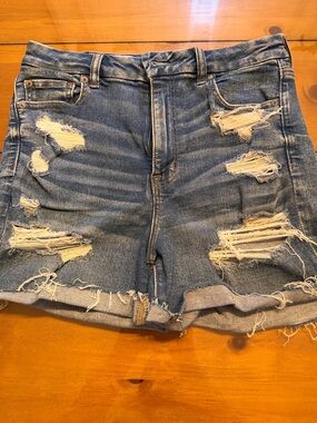 American Eagle Outfitters Distressed Rolled-Hem Denim Shorts - Blue